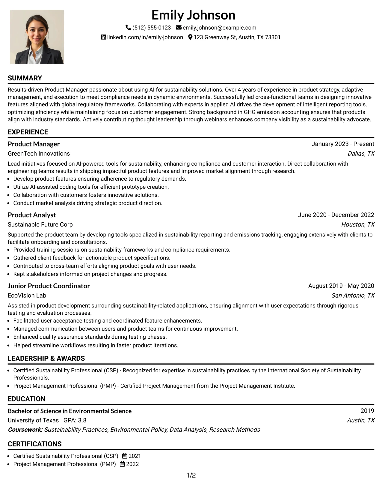 Resume Example Page 1