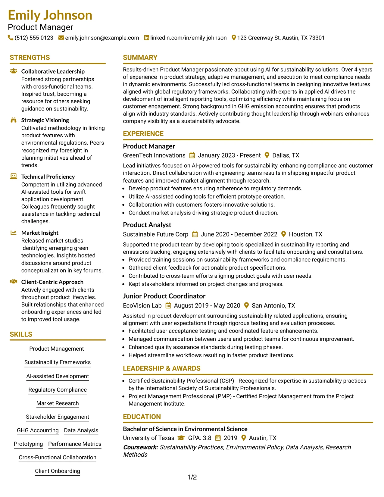 Resume Example Page 1