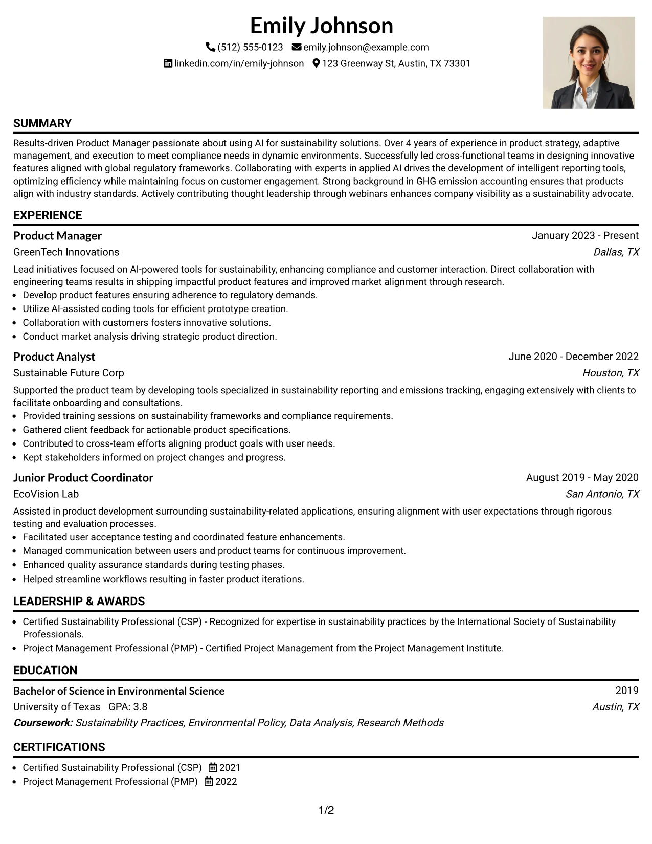 Resume Example Page 1