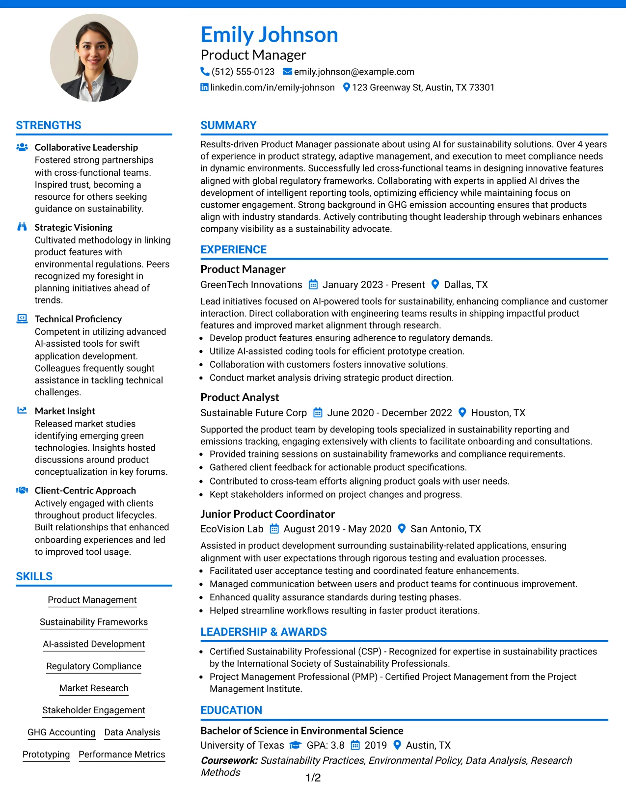 Resume Example Page 1