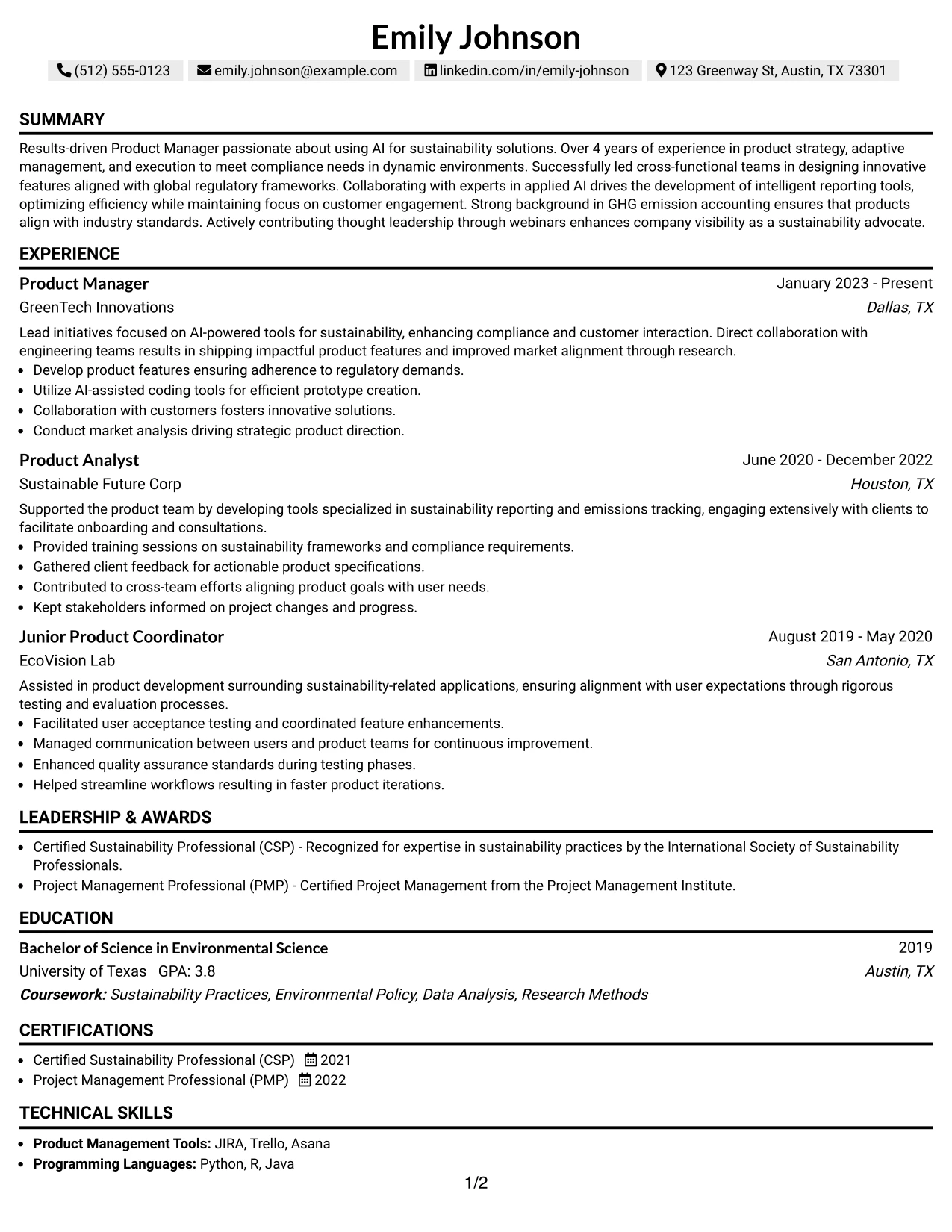 Resume Example Page 1