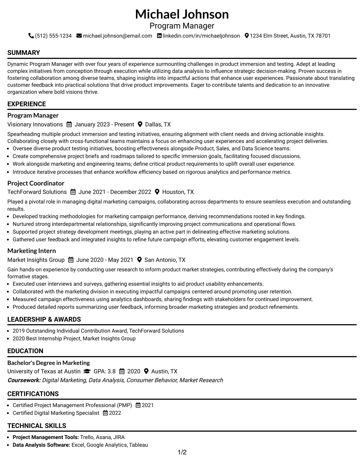 Resume Example Page 1