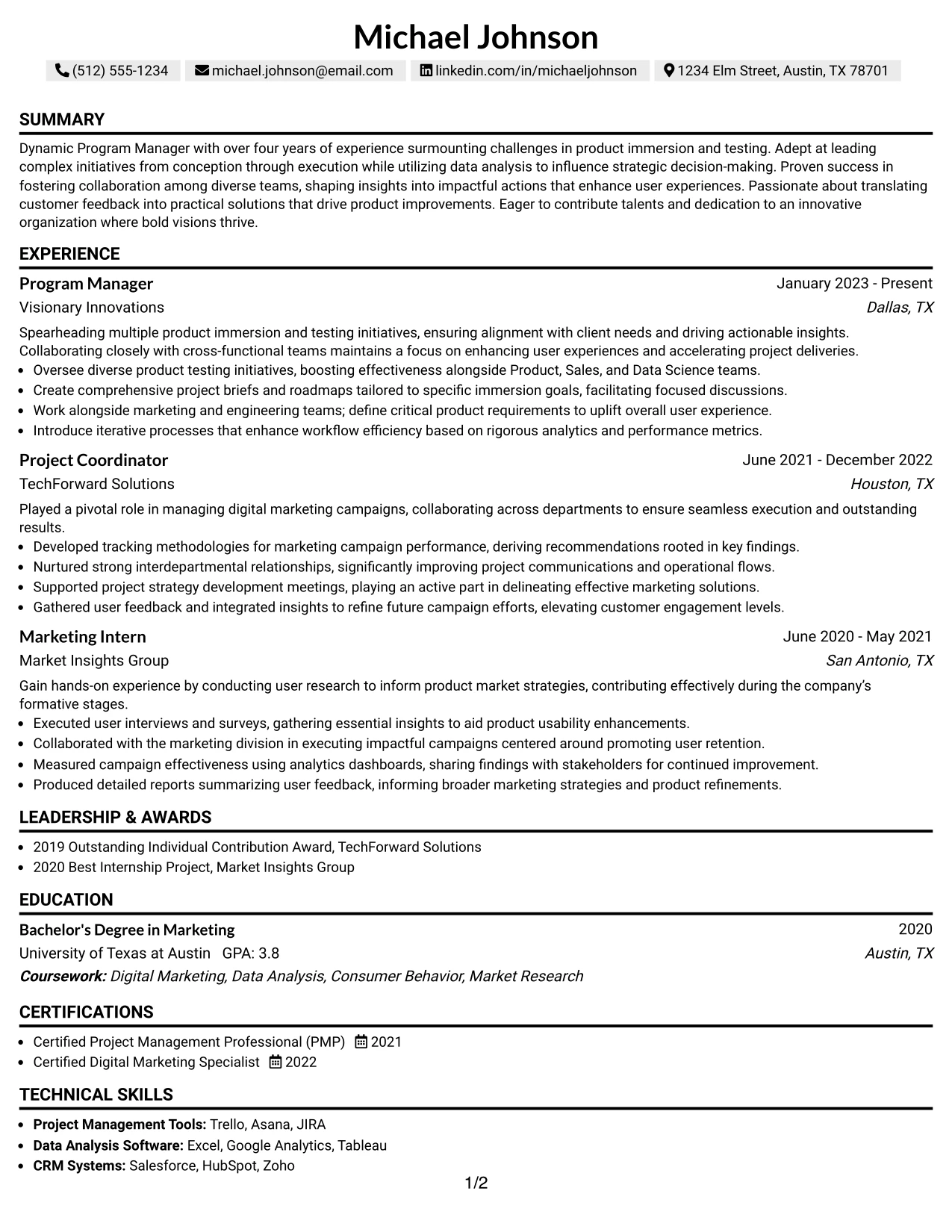 Resume Example Page 1