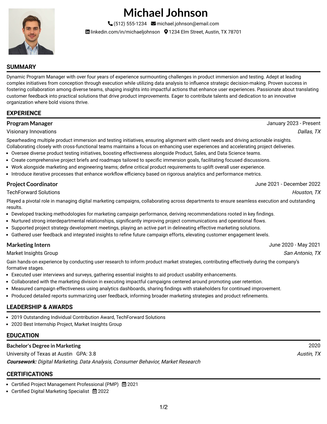 Resume Example Page 1