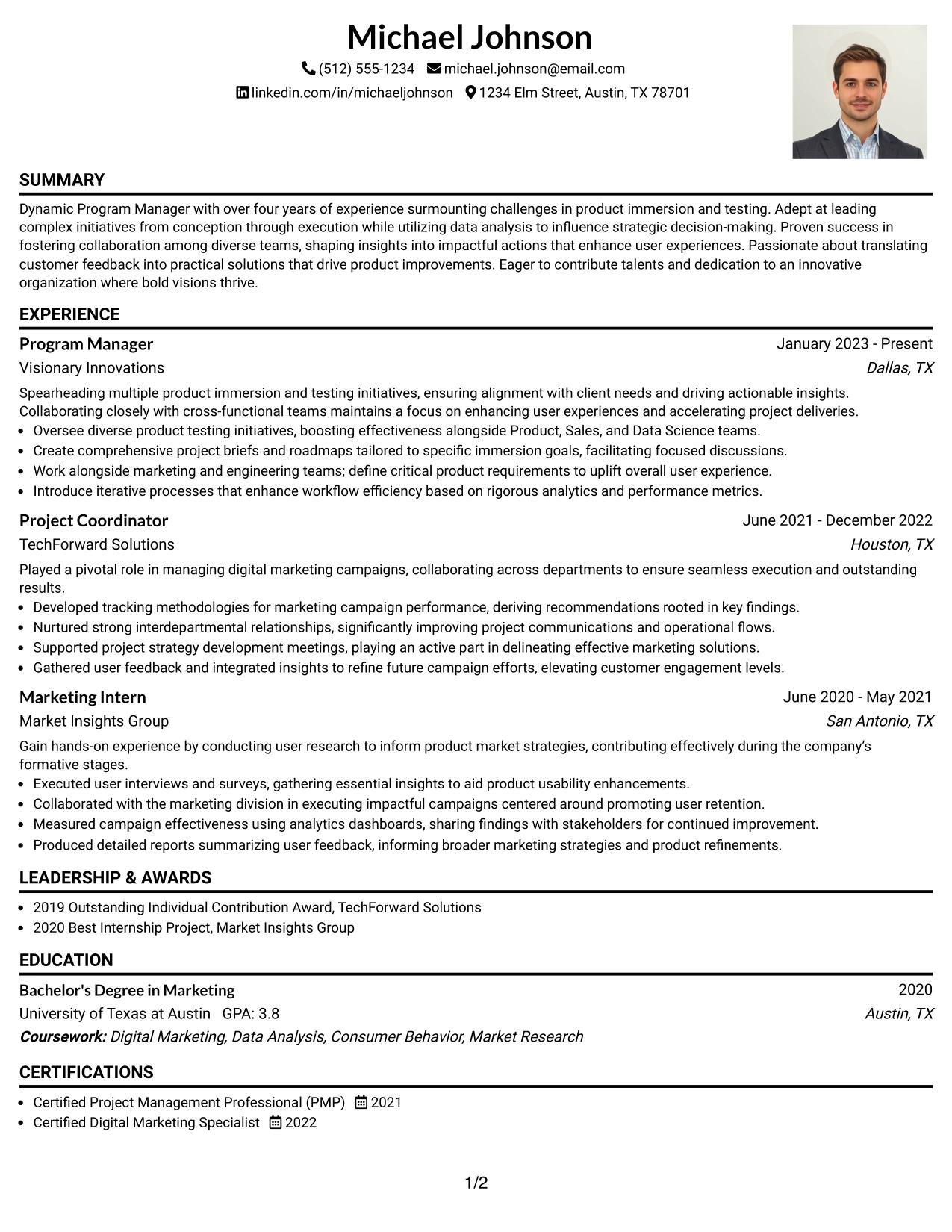 Resume Example Page 1