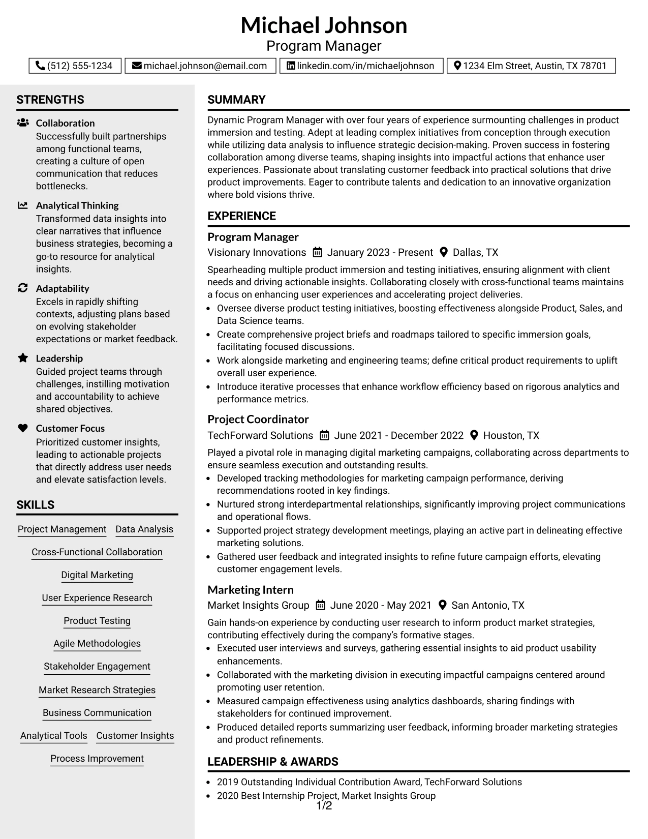 Resume Example Page 1