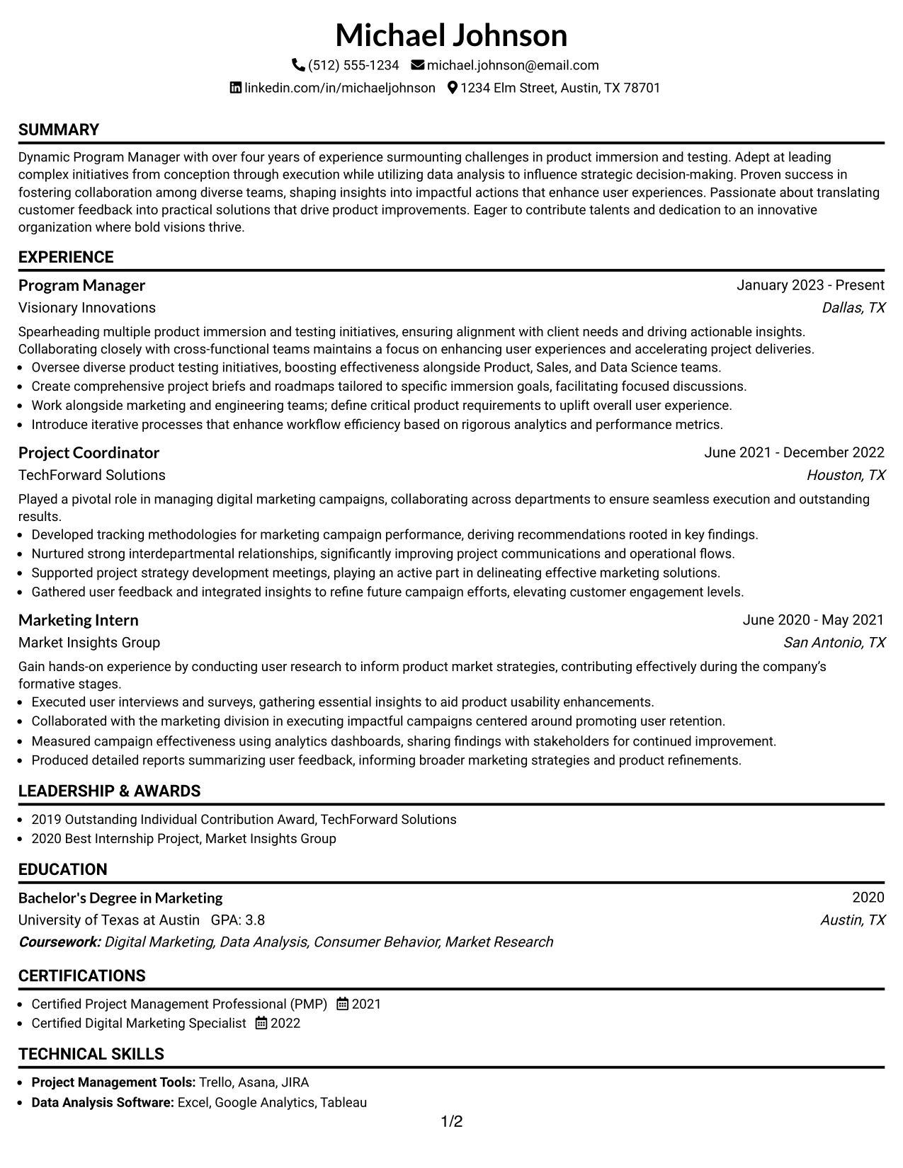 Resume Example Page 1
