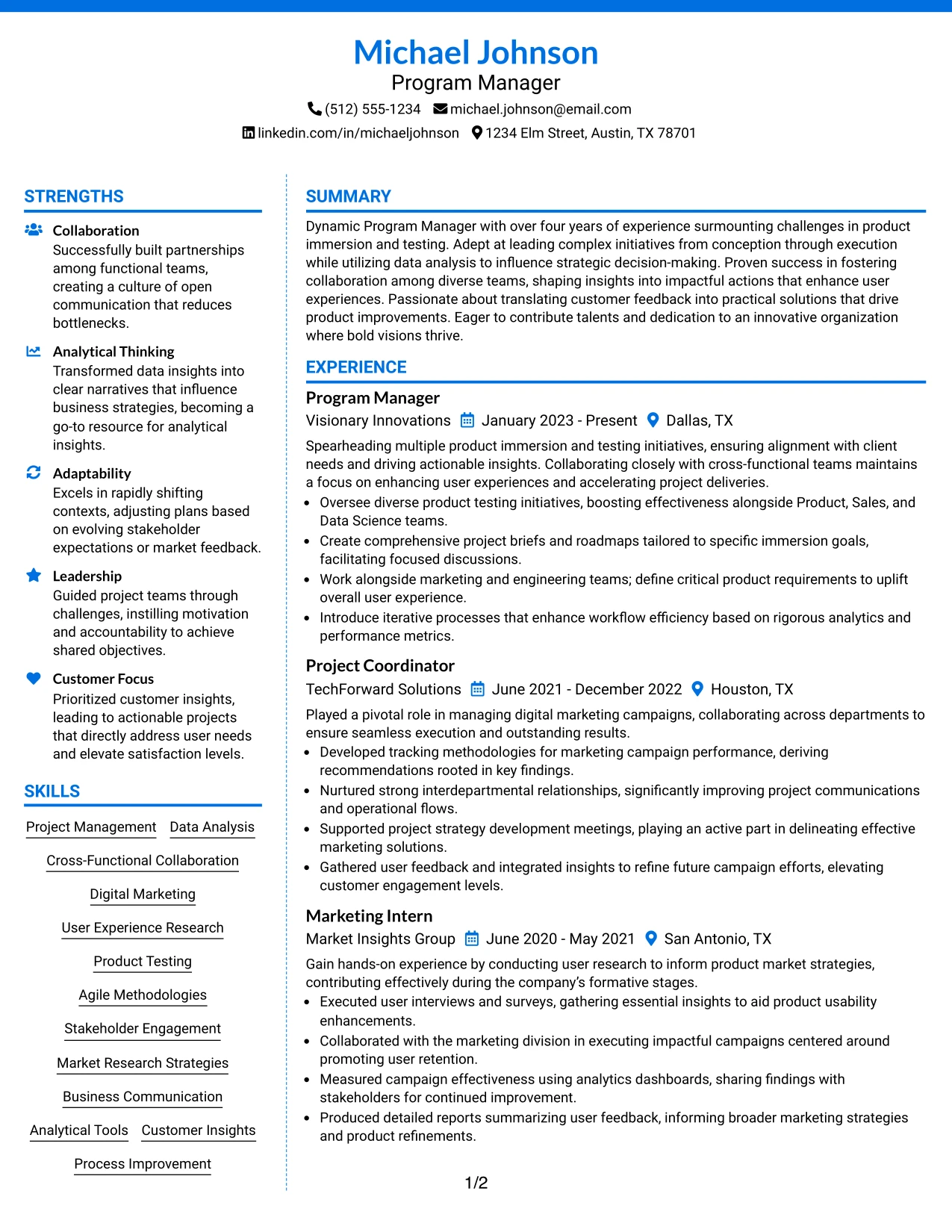 Resume Example Page 1