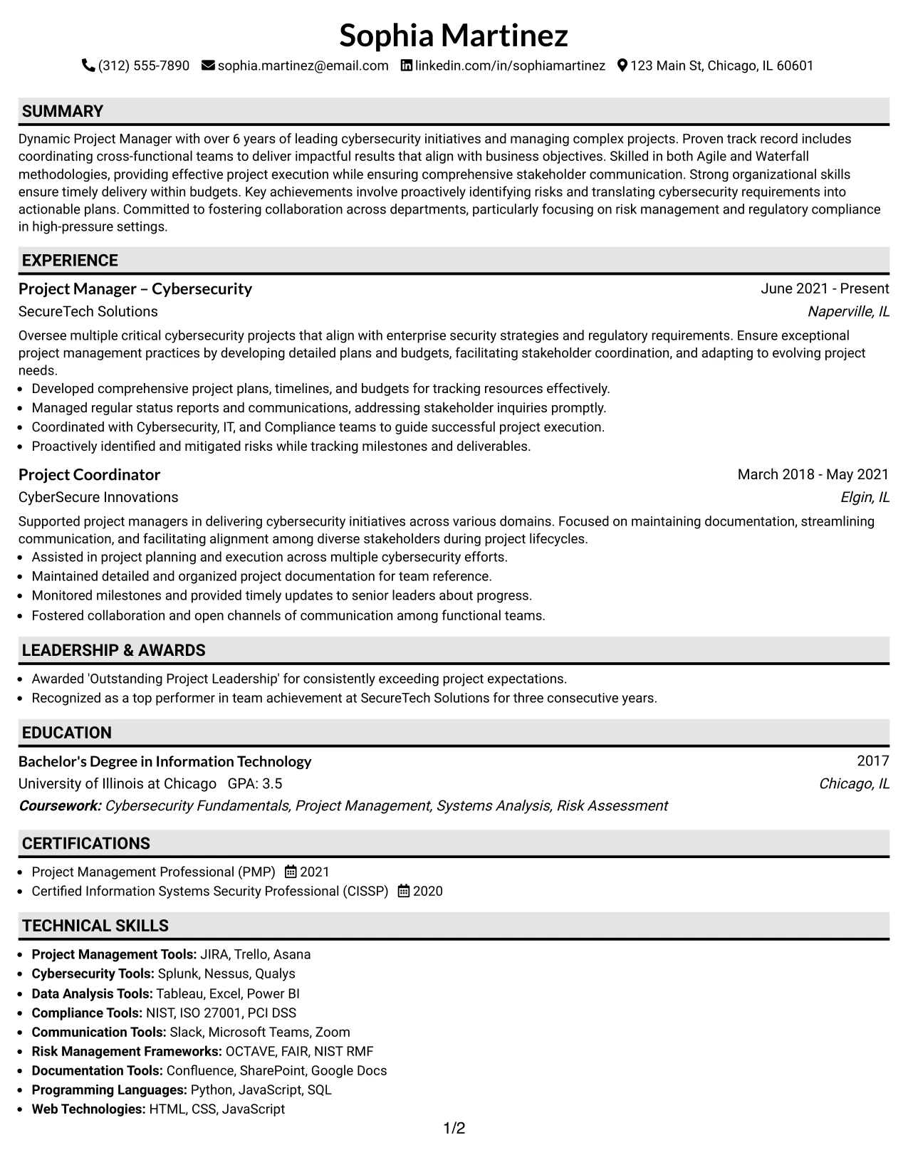 Resume Example Page 1