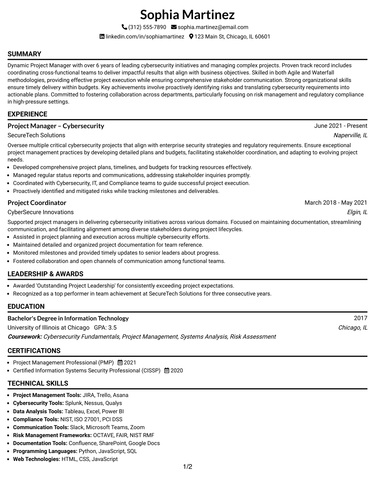 Resume Example Page 1