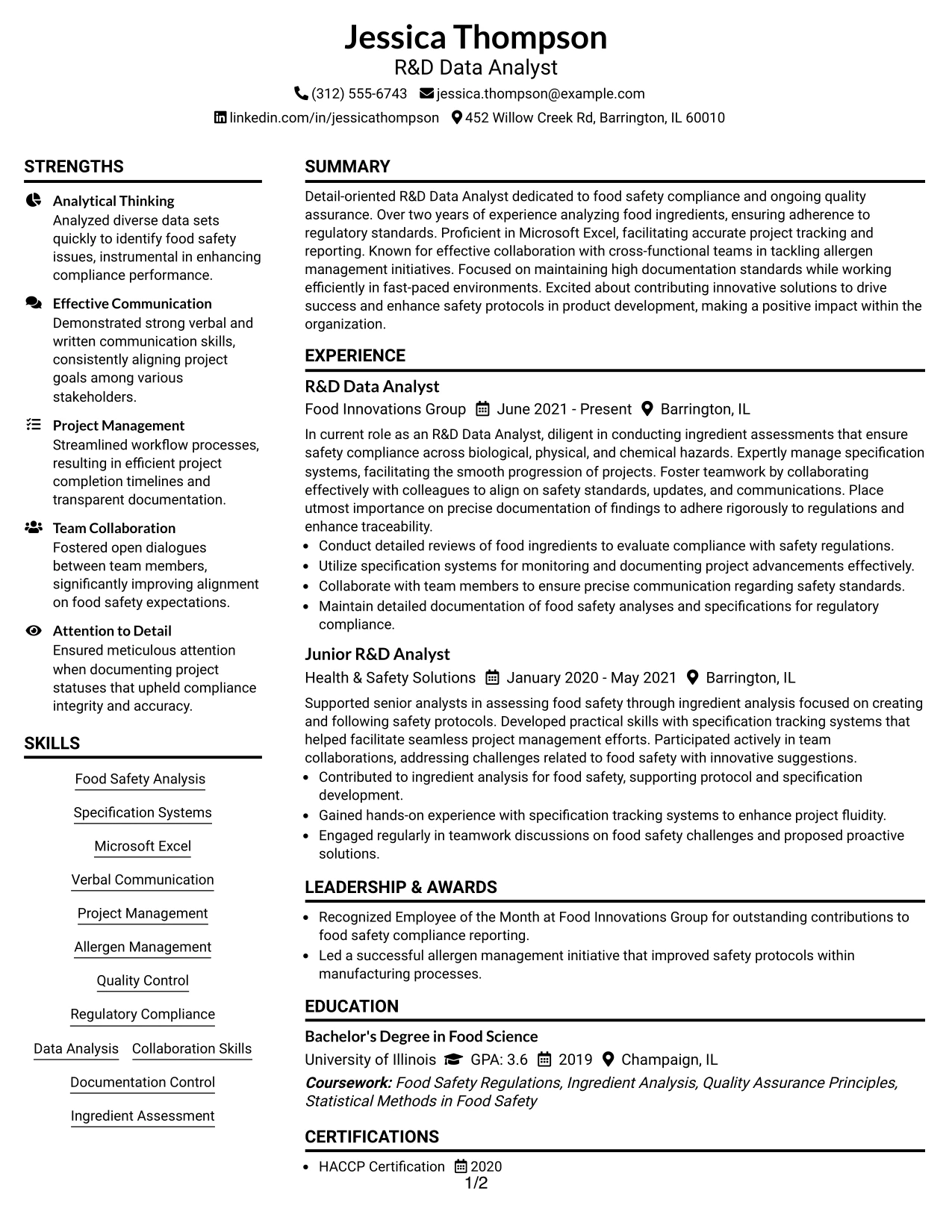 Resume Example Page 1