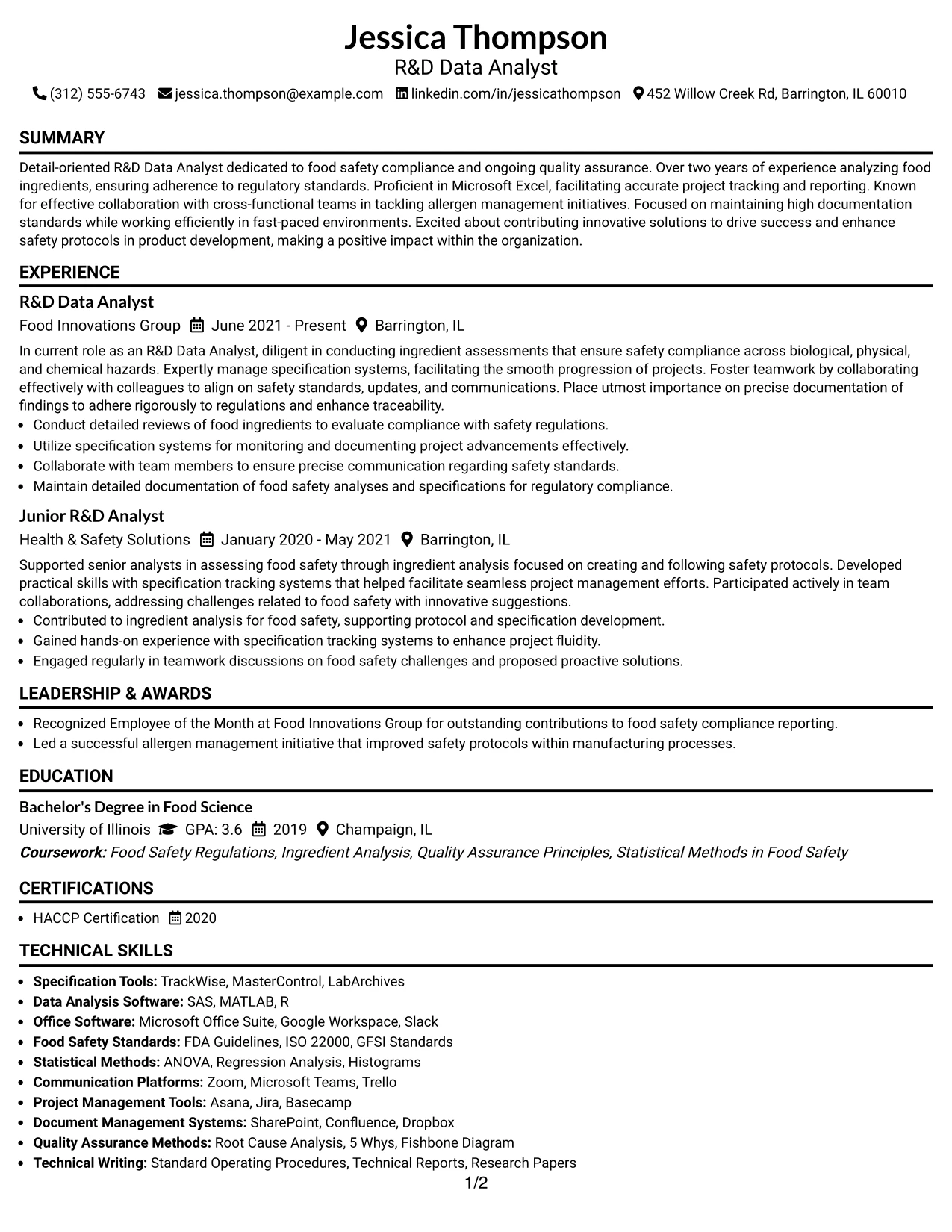 Resume Example Page 1