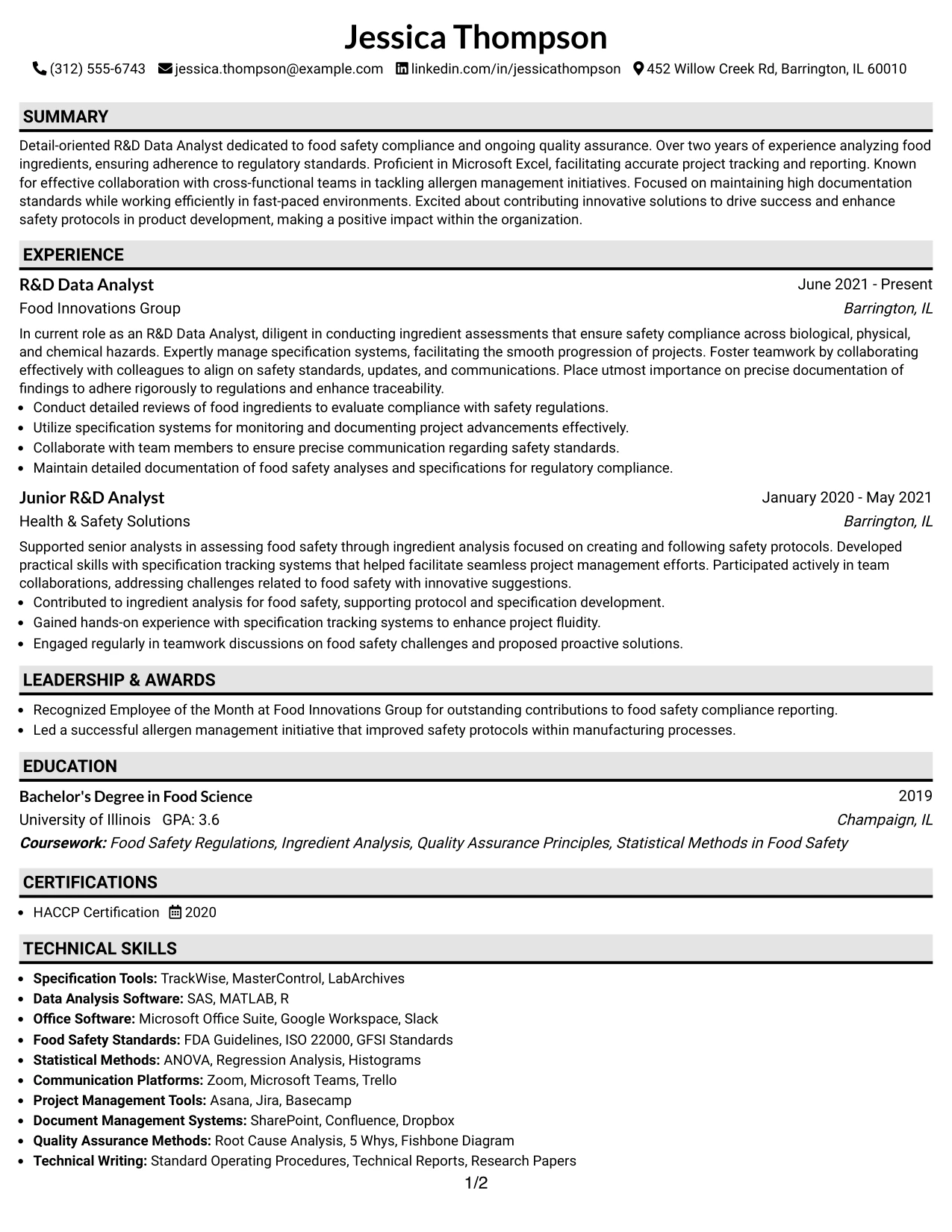 Resume Example Page 1