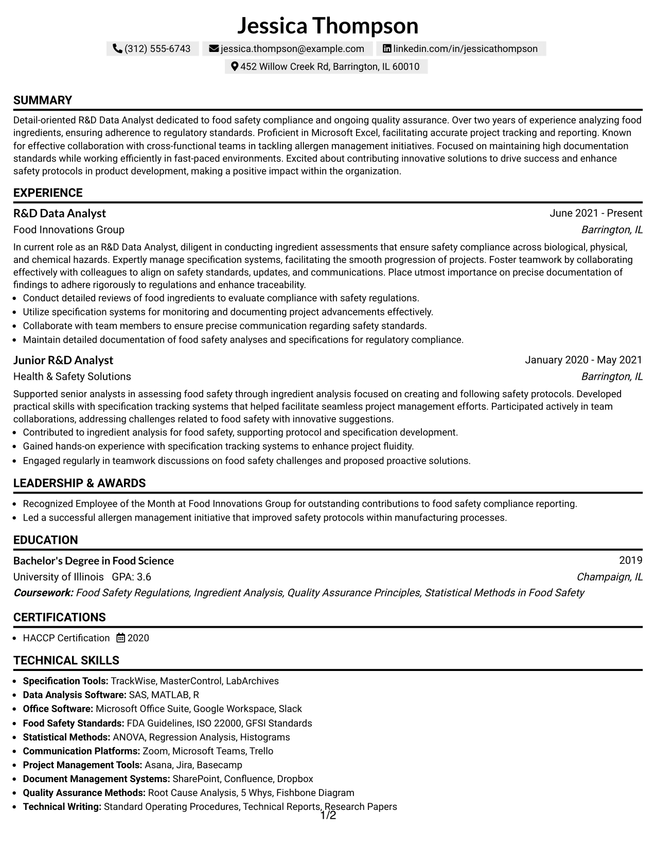 Resume Example Page 1