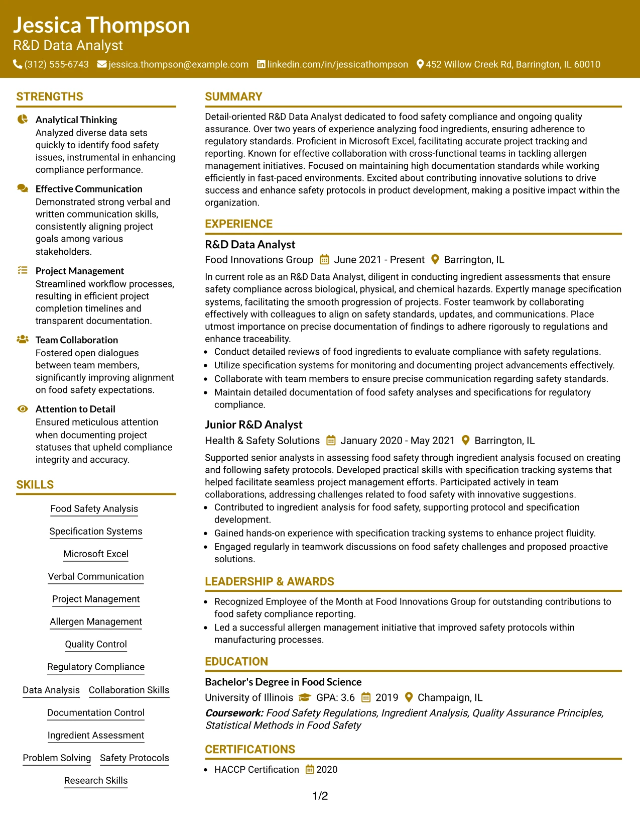 Resume Example Page 1