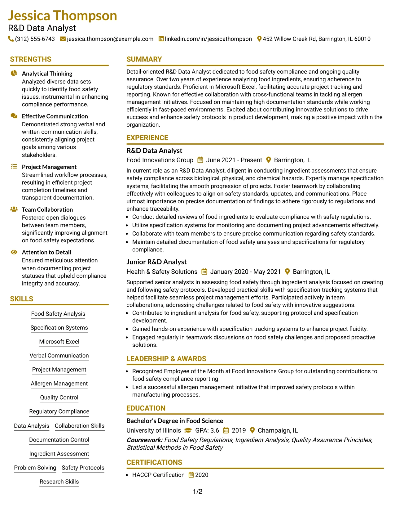 Resume Example Page 1