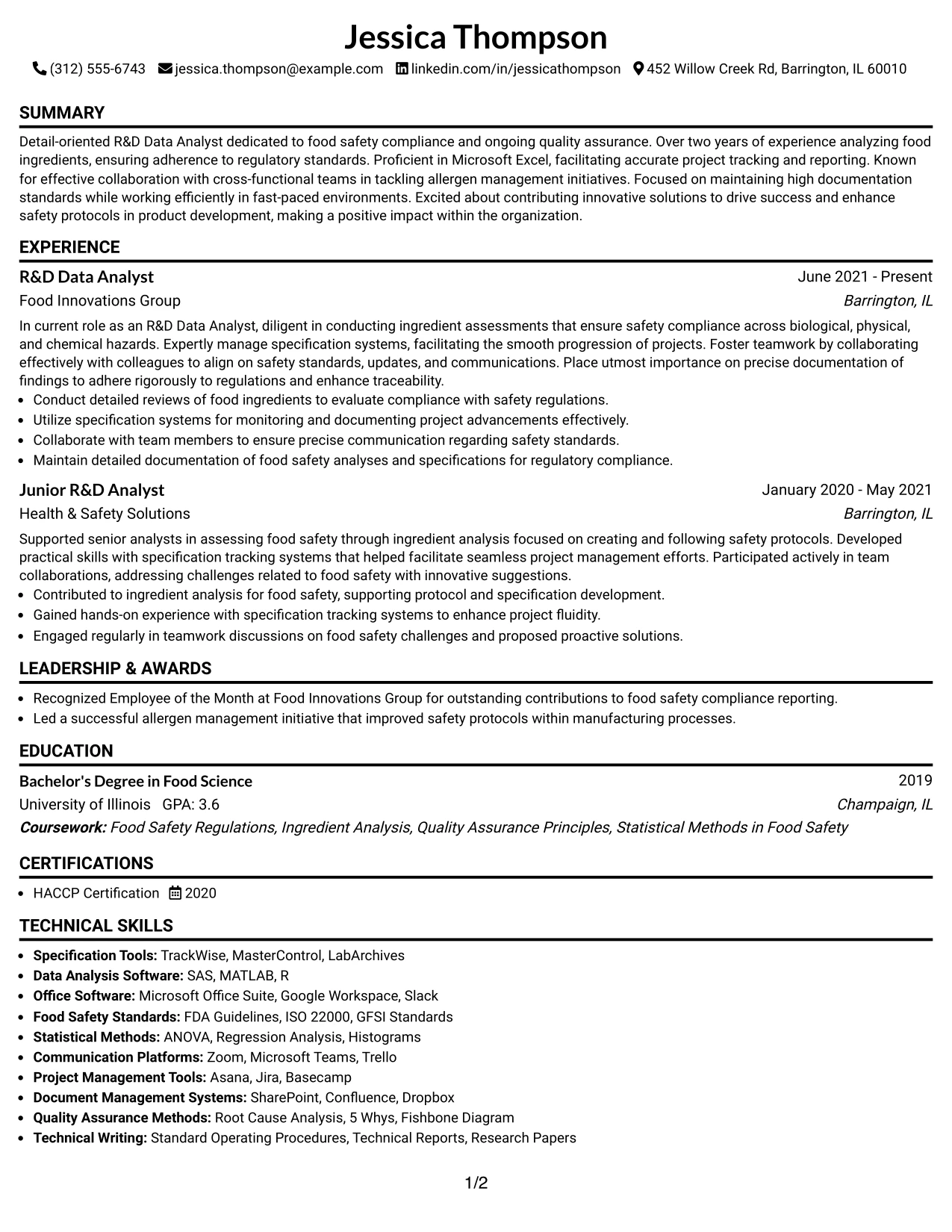 Resume Example Page 1