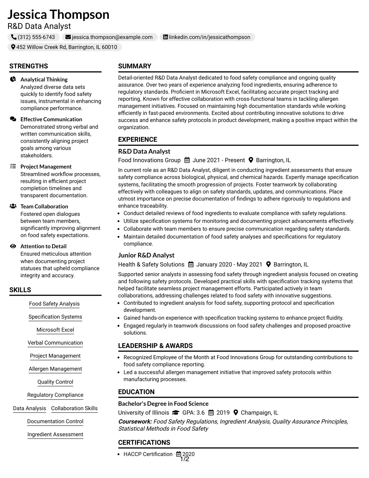 Resume Example Page 1