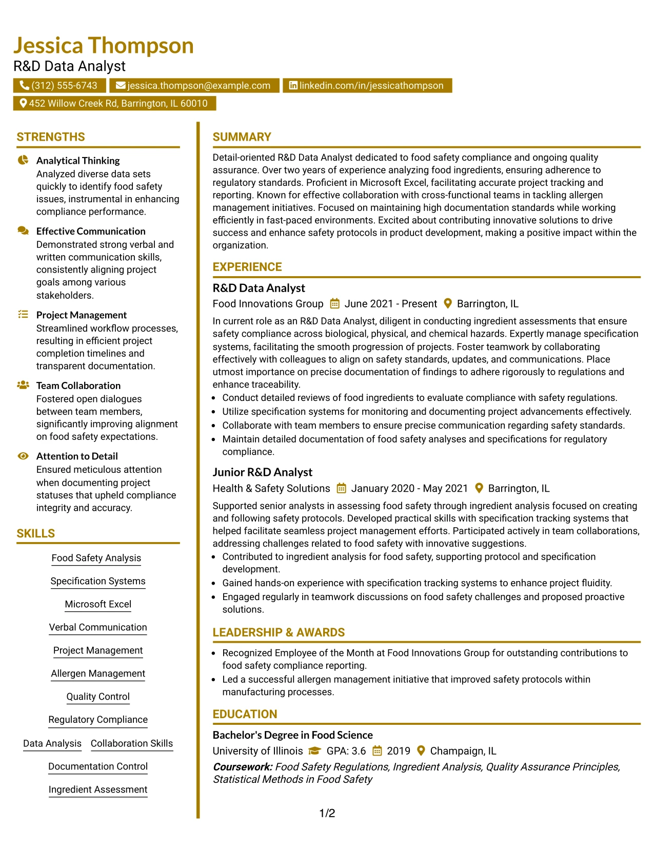 Resume Example Page 1