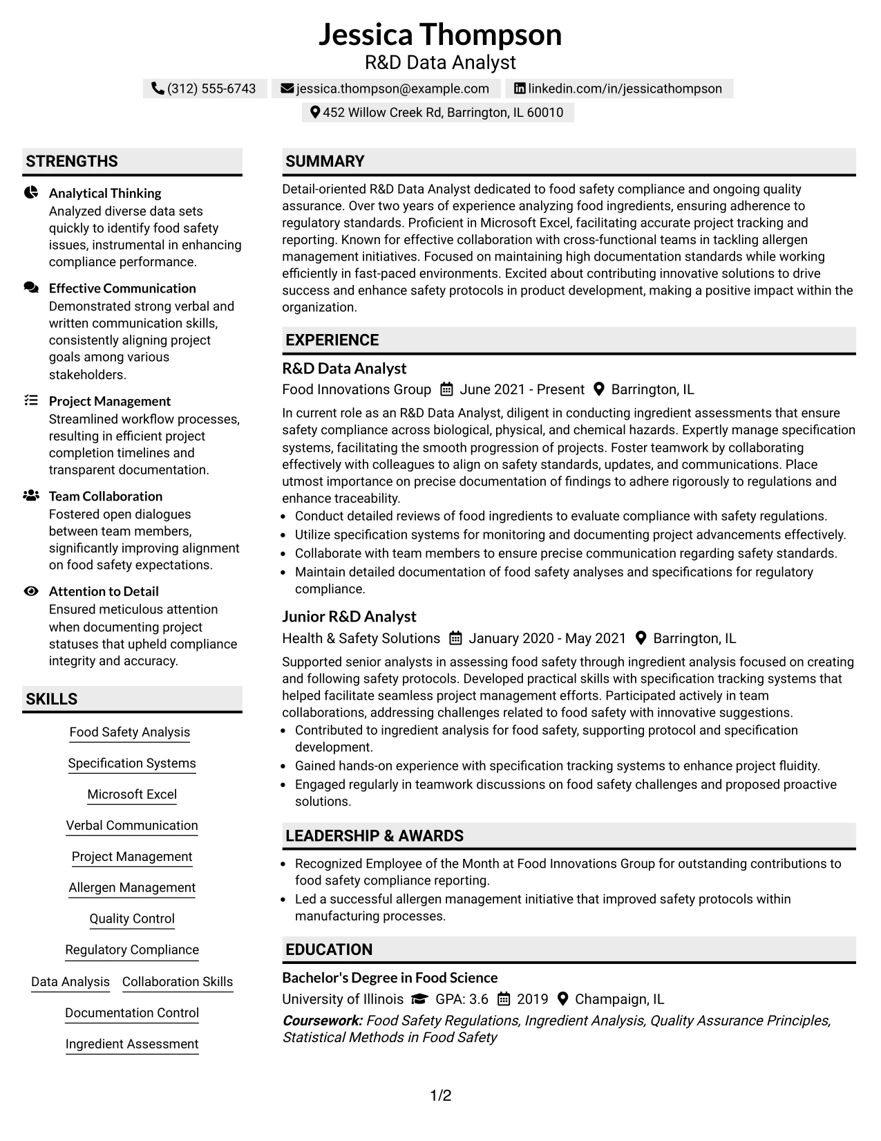 Resume Example Page 1