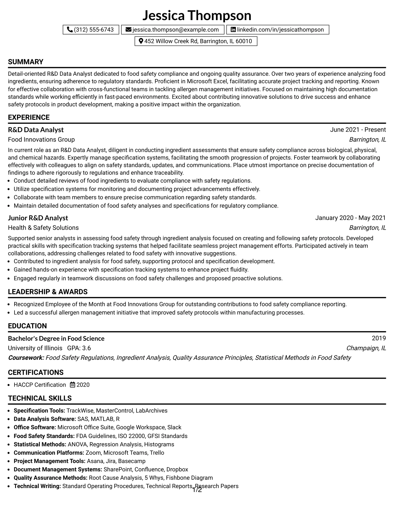 Resume Example Page 1