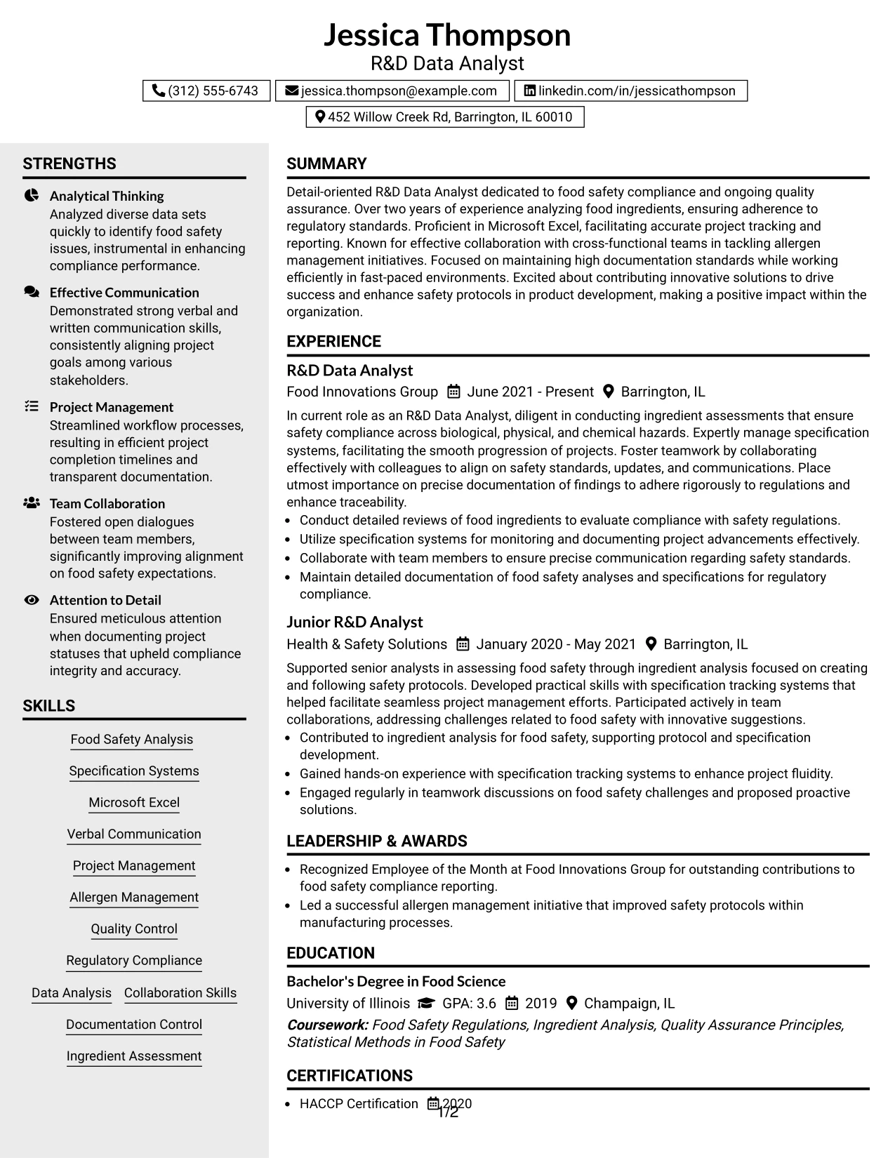 Resume Example Page 1