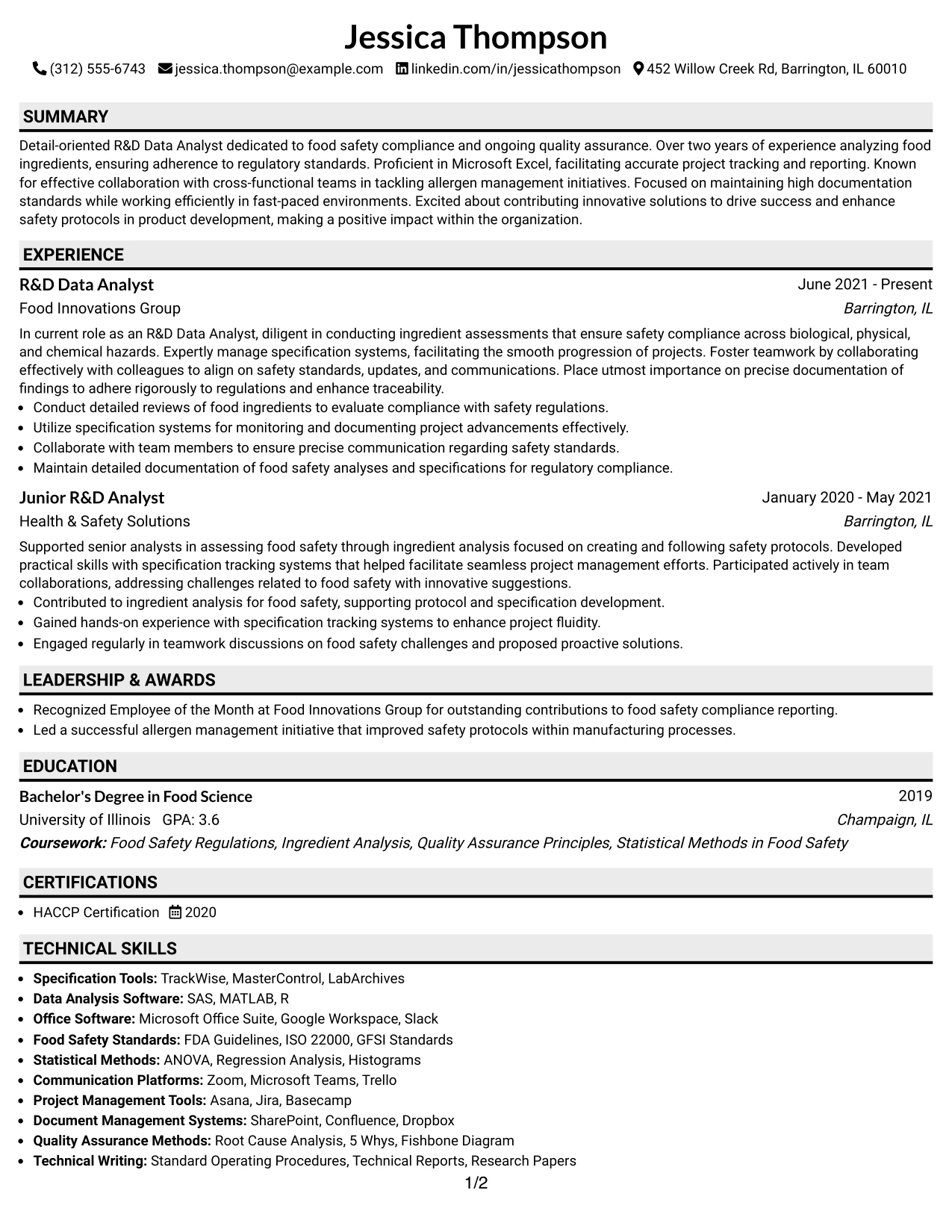 Resume Example Page 1