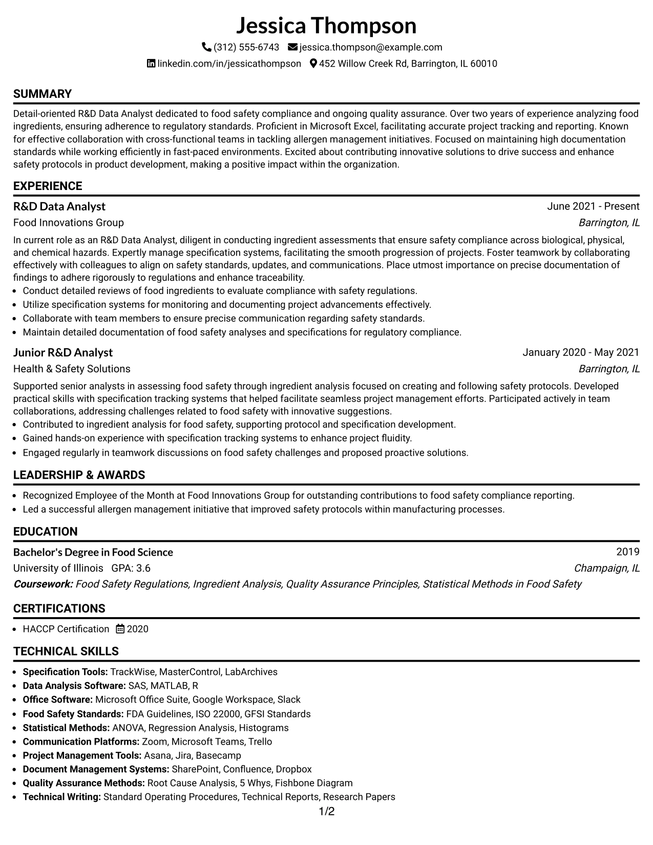 Resume Example Page 1