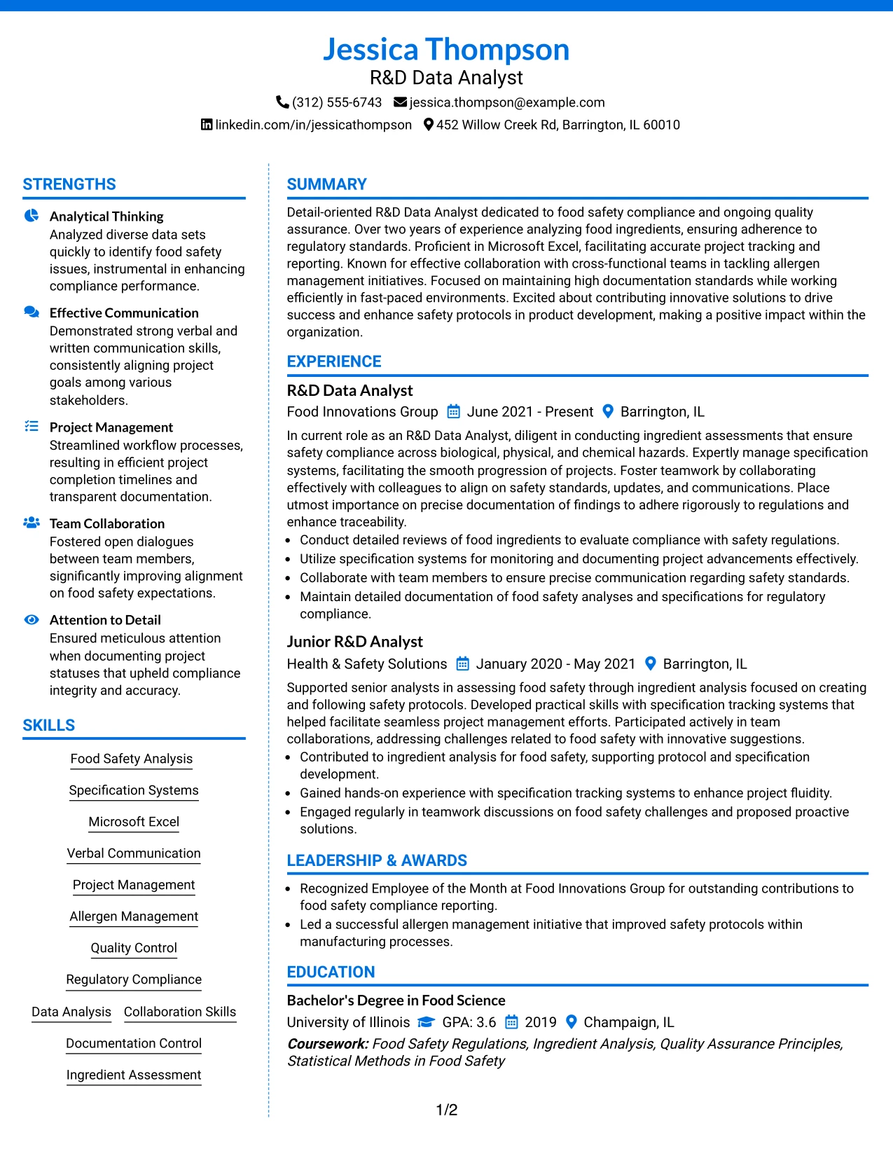 Resume Example Page 1
