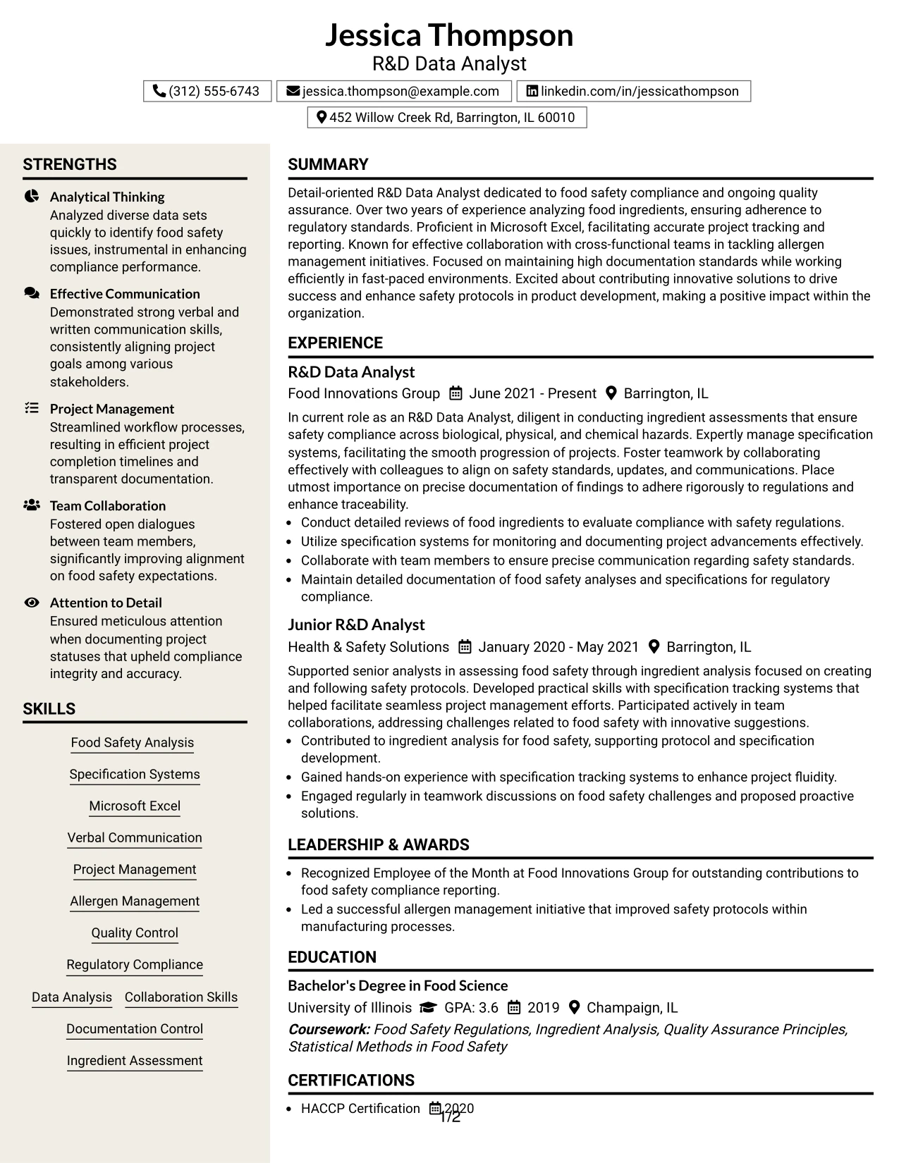 Resume Example Page 1