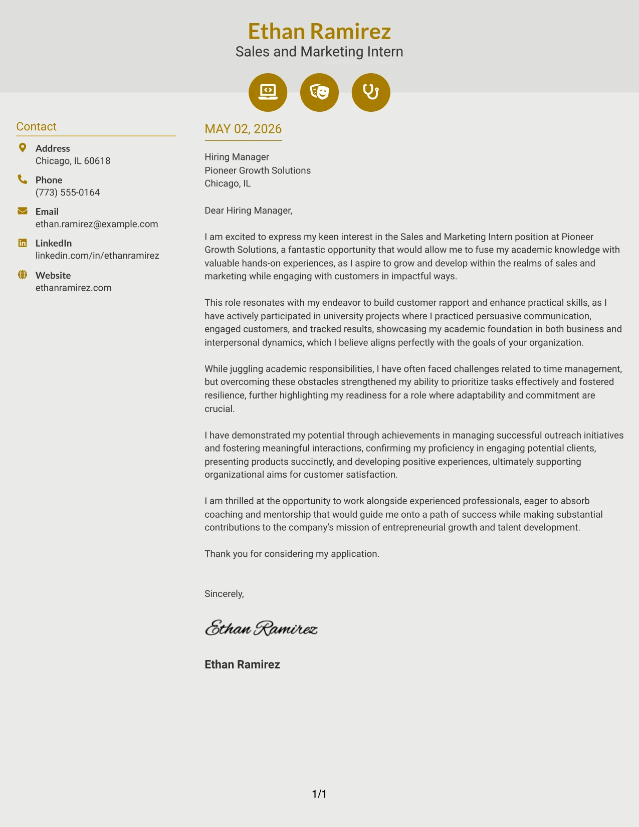 Sales and Marketing Intern Cover Letter Example Modern Icon Format