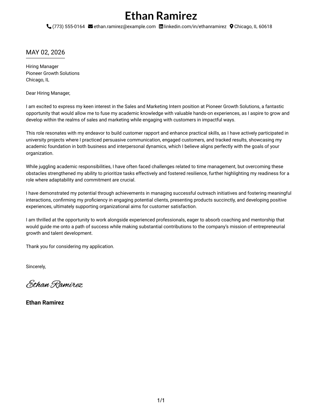 Sales and Marketing Intern Cover Letter Example Minimal Header Format