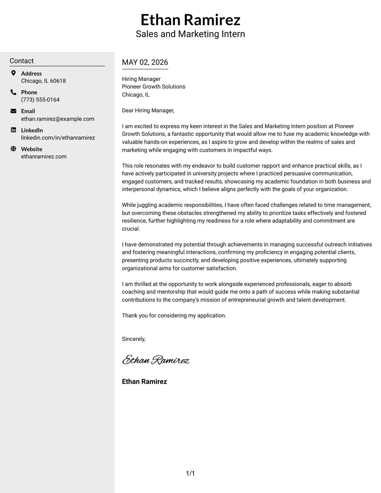 Sales and Marketing Intern Cover Letter Example Clean Two Column Sidebar Format
