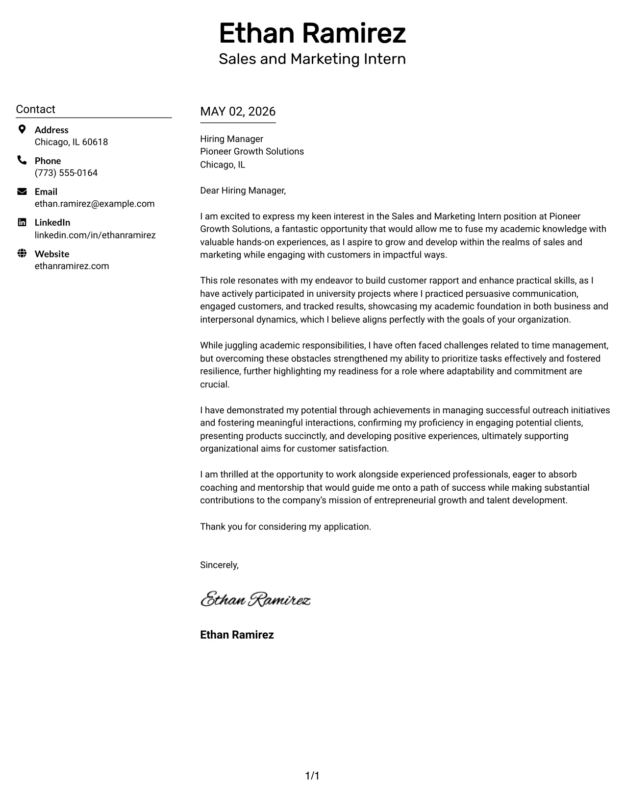 Sales and Marketing Intern Cover Letter Example Plain Two Column Format