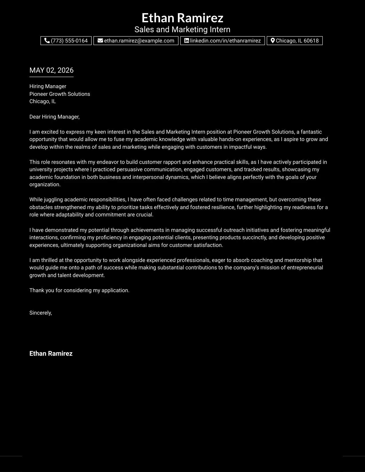 Sales and Marketing Intern Cover Letter Example Dark Mode Box Header Format