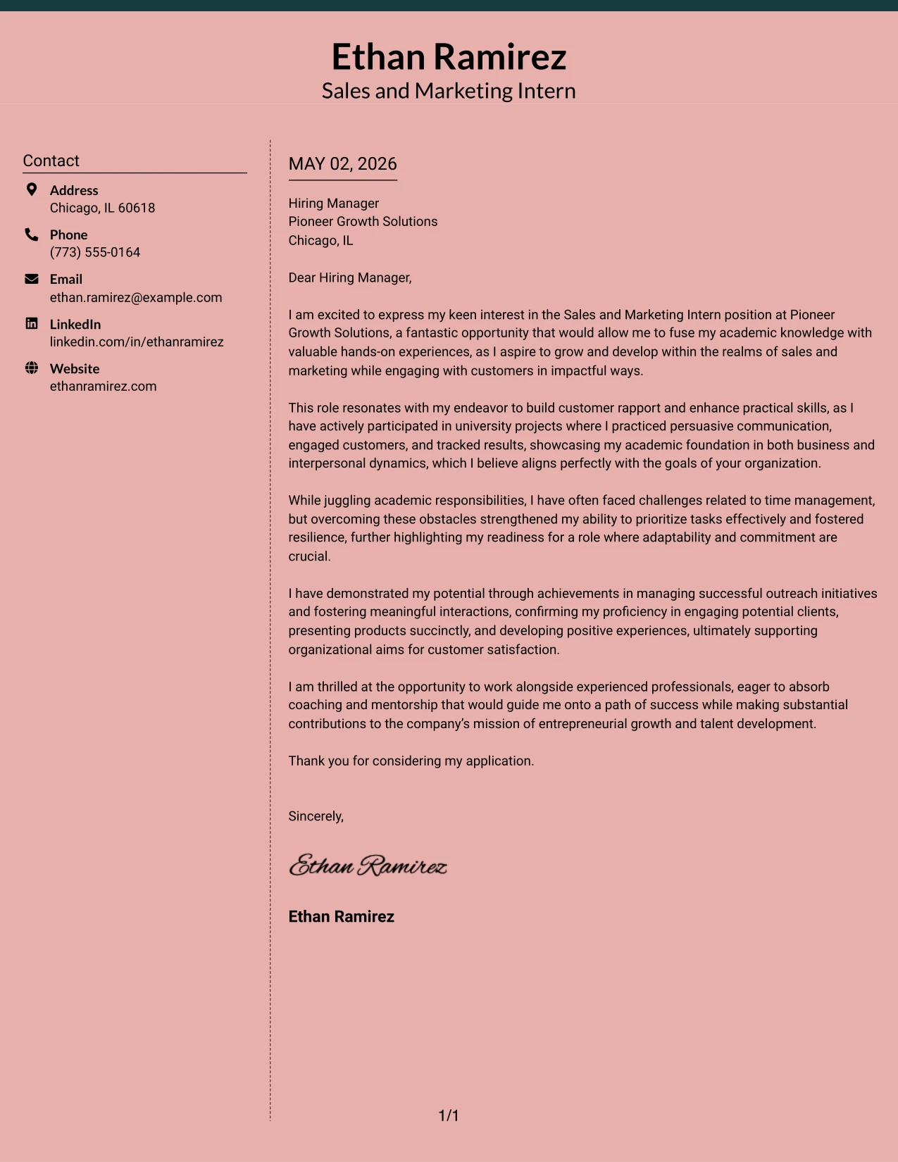 Sales and Marketing Intern Cover Letter Example Elegant Full Background Two Column Format