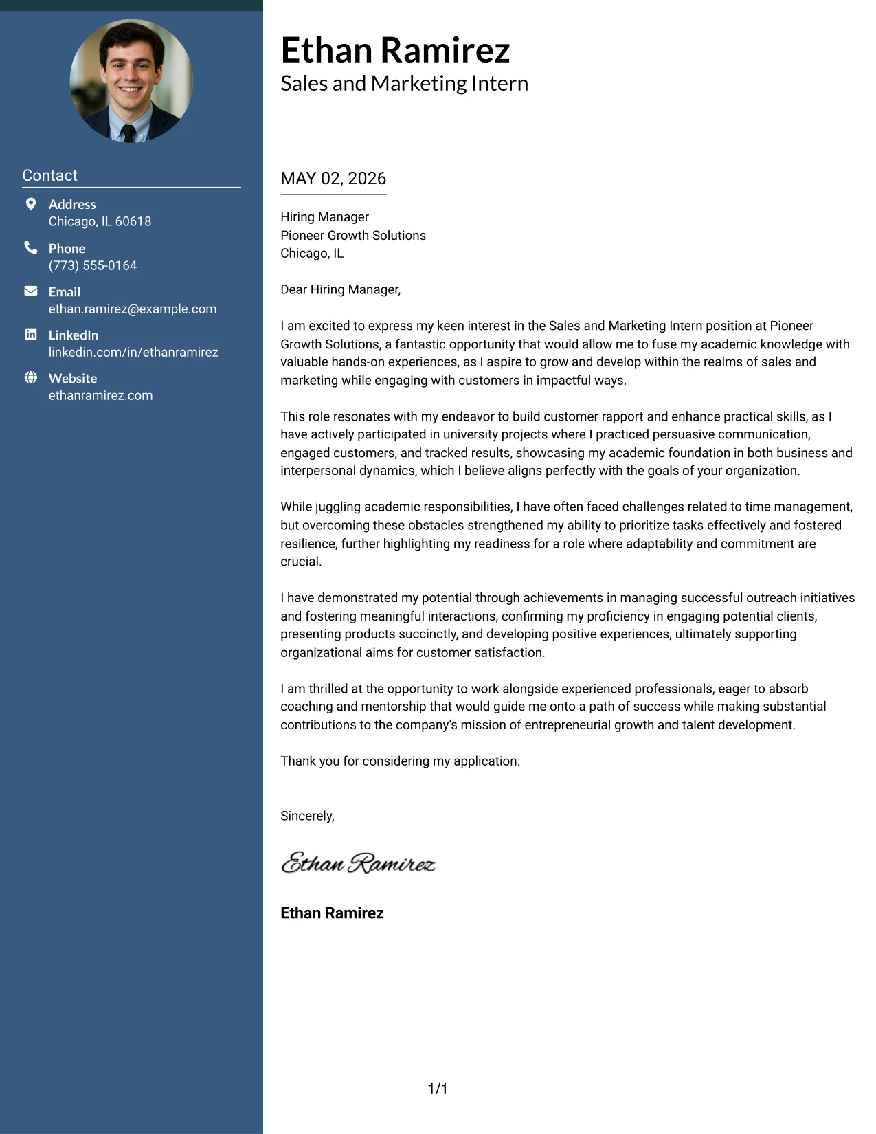 Sales and Marketing Intern Cover Letter Example