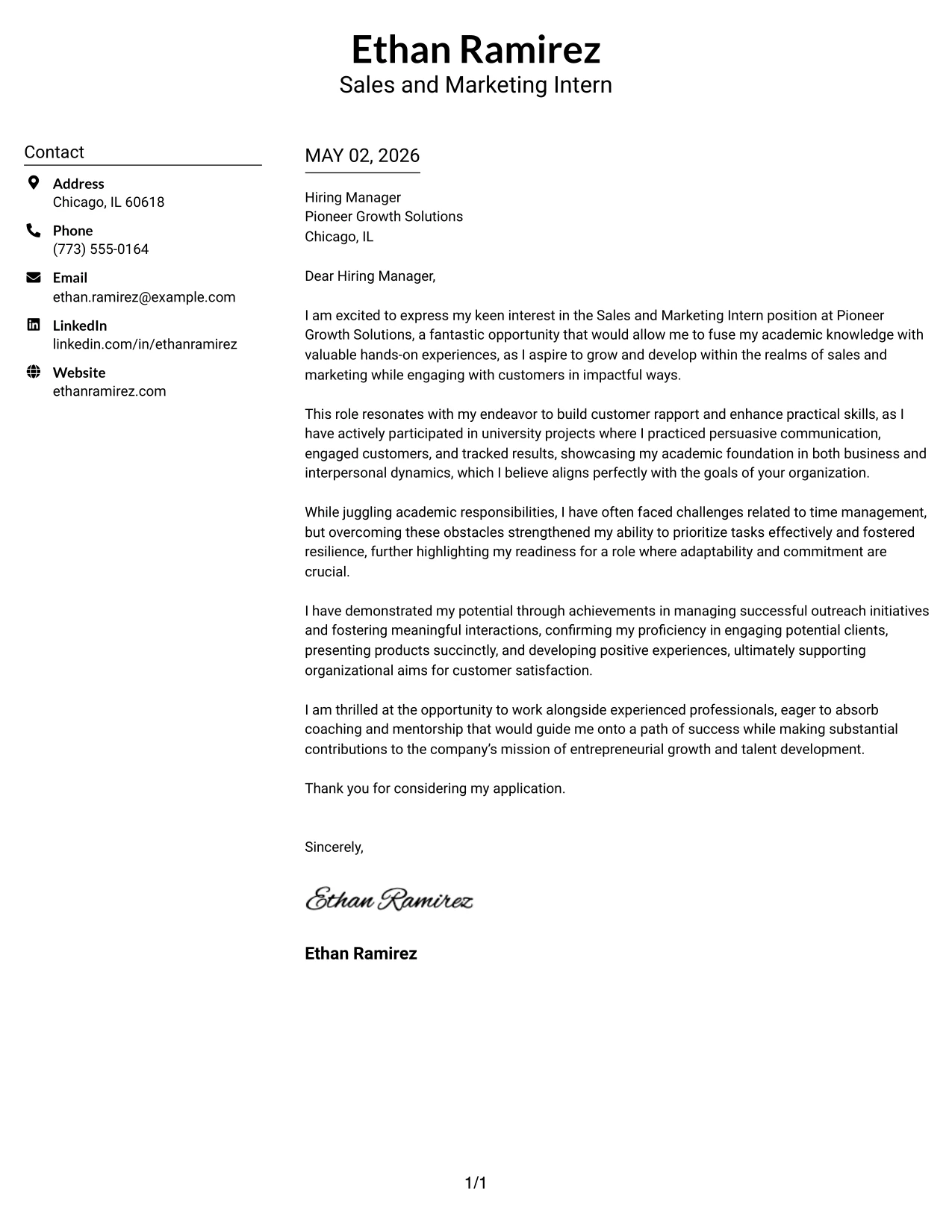 Sales and Marketing Intern Cover Letter Example Centered Header Classic Two Column Format