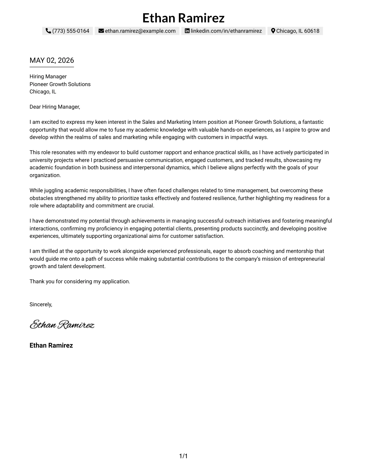 Sales and Marketing Intern Cover Letter Example One Column Shaded Contact Header Format