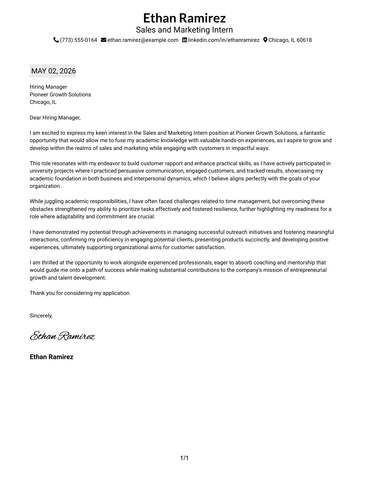Sales and Marketing Intern Cover Letter Example Plain Professional Layout with Job Title and Shaded Date