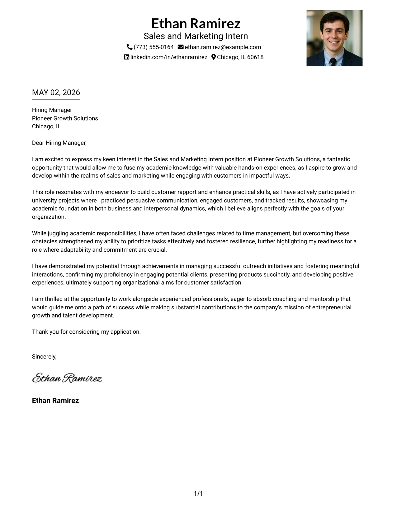 Sales and Marketing Intern Cover Letter Example One Column Format with Photo Right