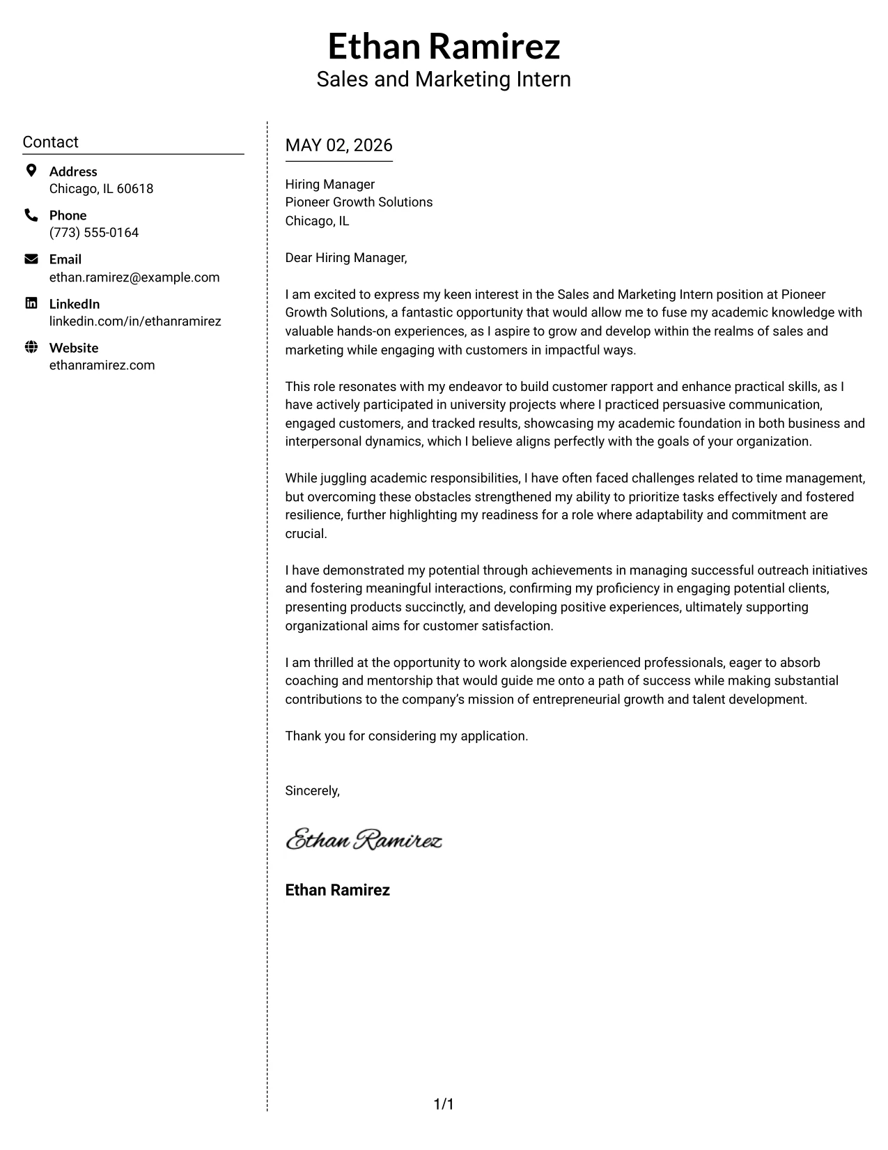 Sales and Marketing Intern Cover Letter Example Simple Two Column Format