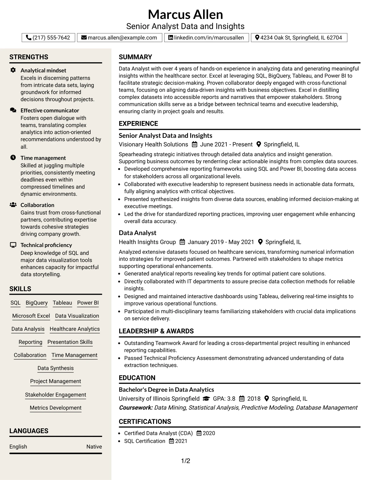 Resume Example Page 1