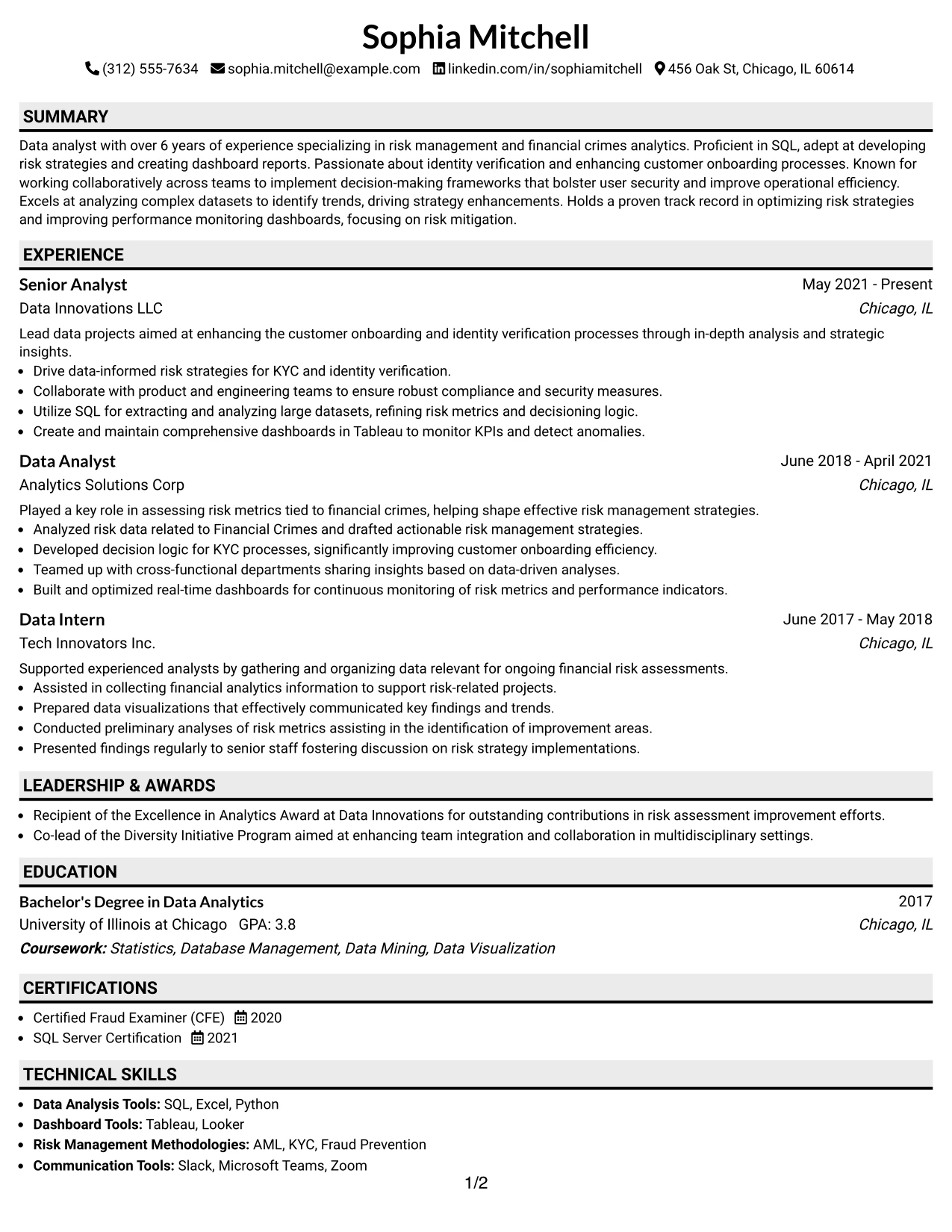 Resume Example Page 1