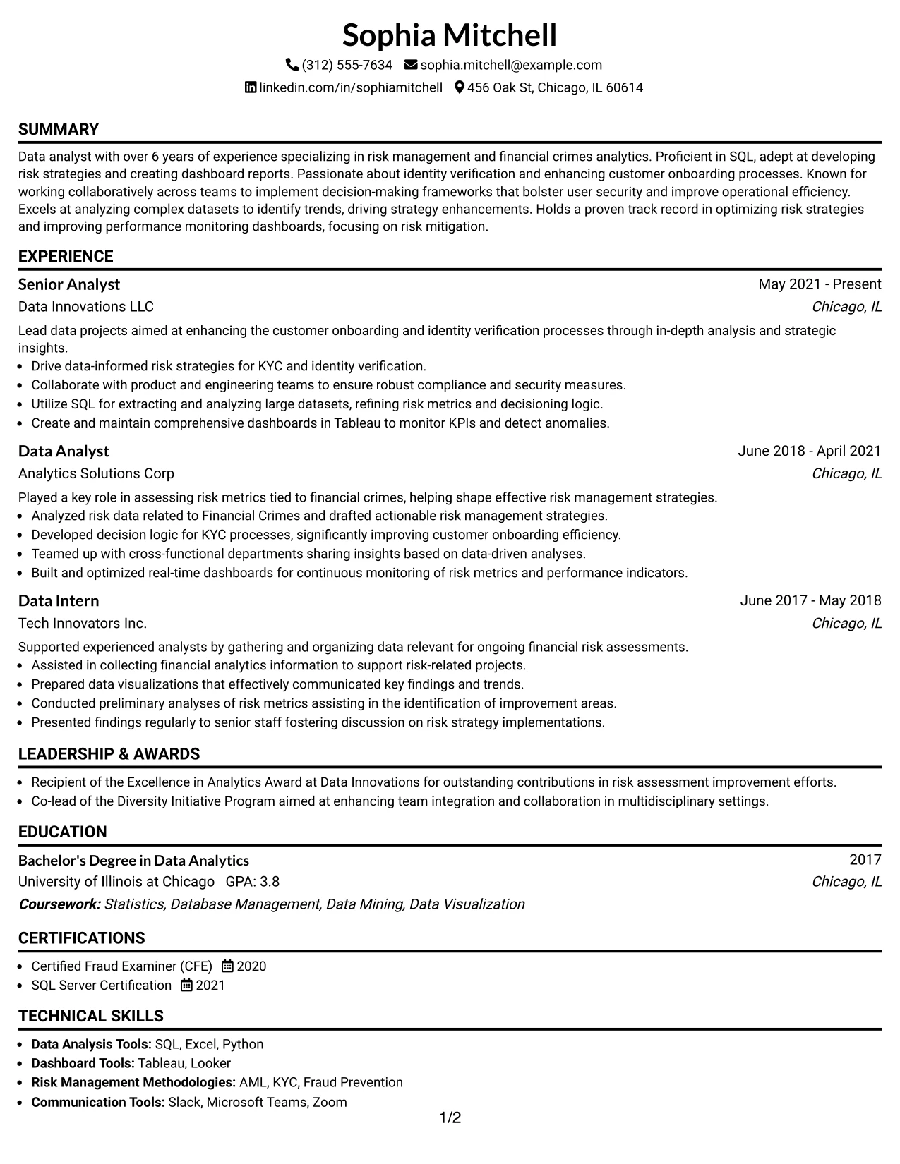 Resume Example Page 1