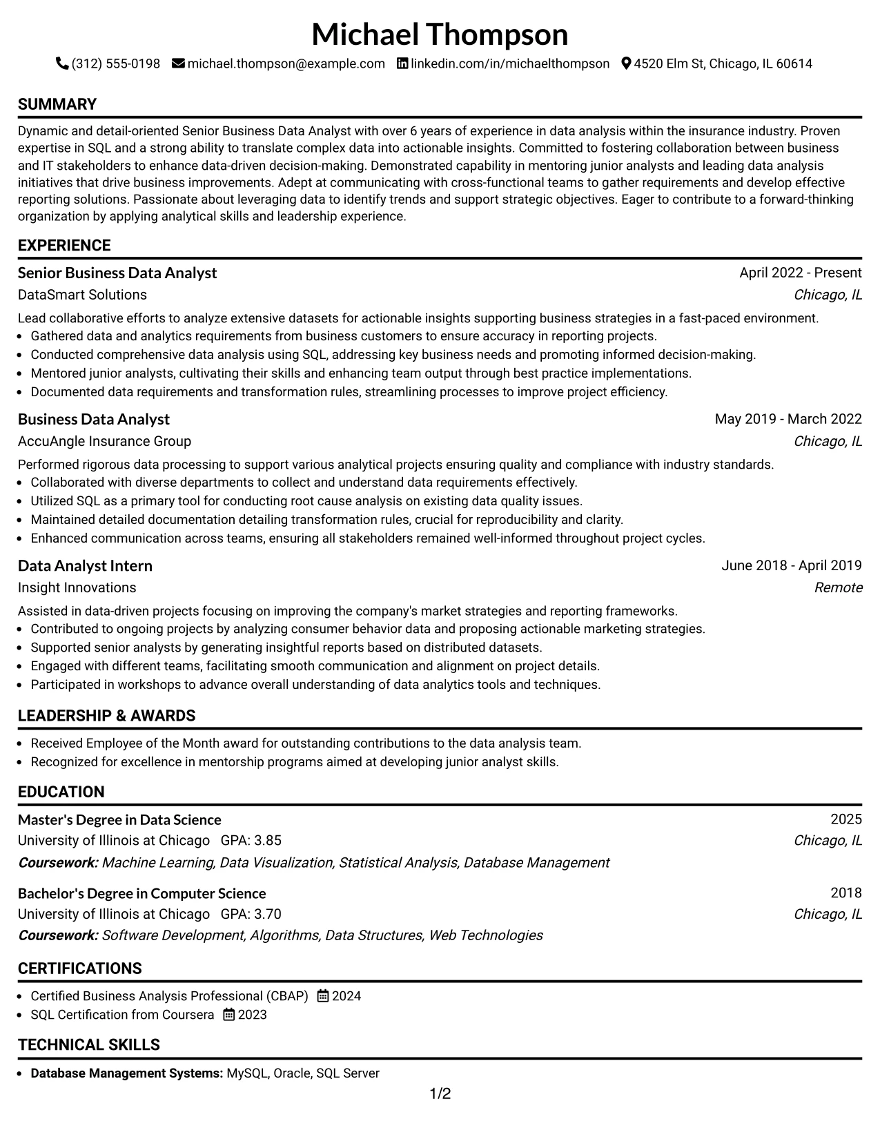 Resume Example Page 1