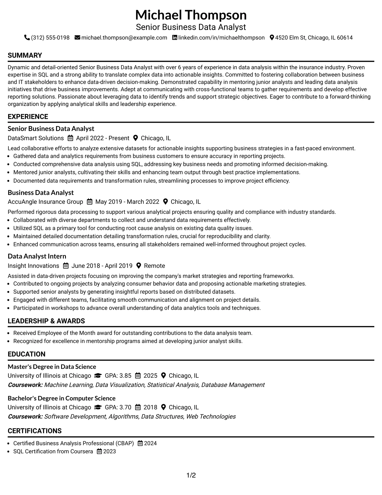 Resume Example Page 1