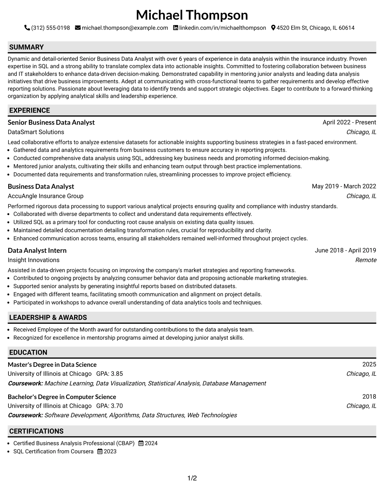 Resume Example Page 1