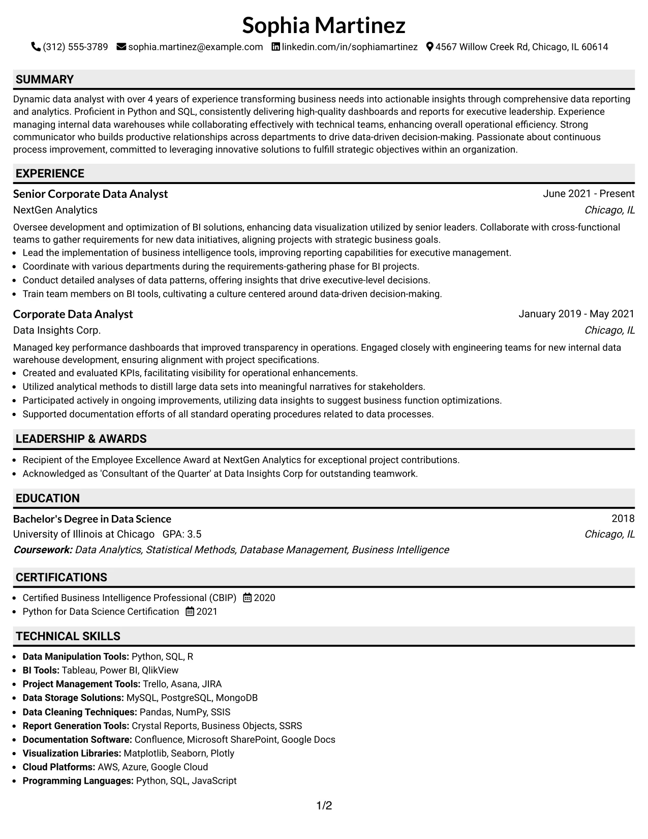 Resume Example Page 1