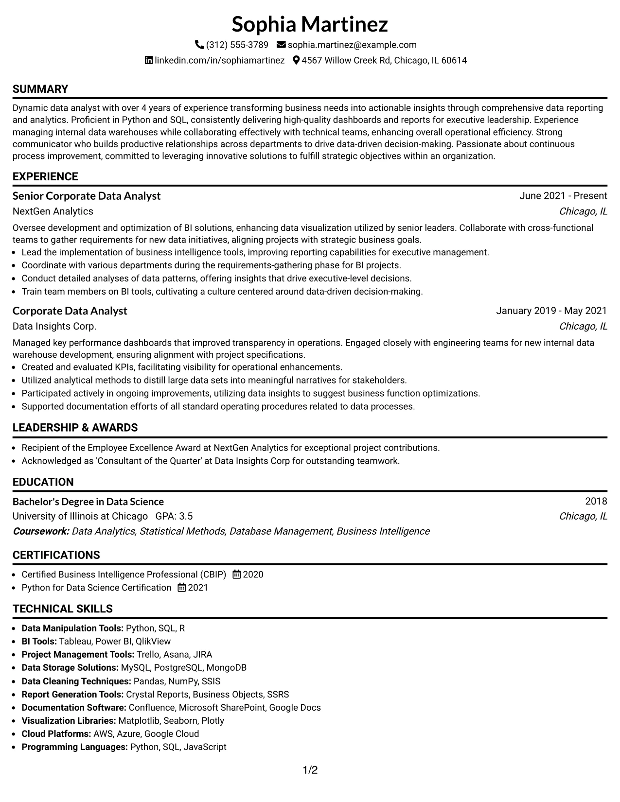 Resume Example Page 1
